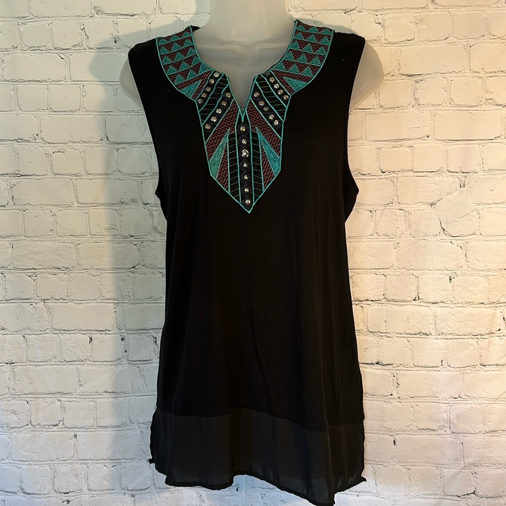 Espresso tunic with embroidered neck and sheer panel